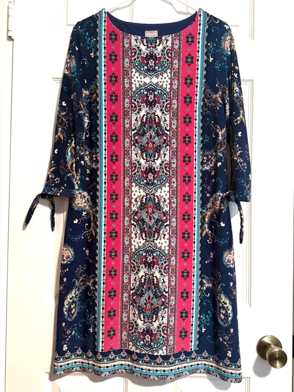 Chico’s Multicolor Blue Pink Medallion Floral 3/4 Tie Sleeve Shift Dress Size 1P